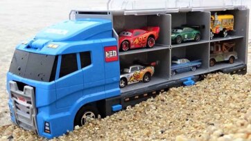 Colorful Toy Car Carrier Truck Adventure with Racing Cars on Sand