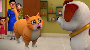Toy Cat and Little Dog Play Together with Food Bowls and Pet Accessories