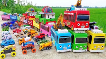 Happy Toy Buses and Trucks Meet Colorful Construction Friends