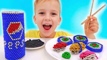 Magnetic Ball Art for Kids - Colorful Sushi Shapes and a Blue Soda Can