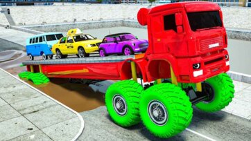 Giant Red Monster Truck Carries Color Cars Across the Crazy Ramp Adventure